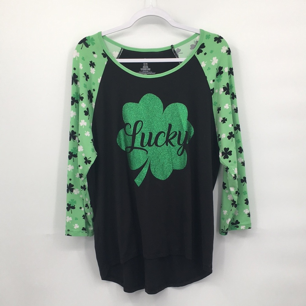 Way to Celebrate Black Raglan Tee Green Shamrock Glitter St Patrick’s Day XL
